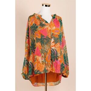 Sz 2X Daniel Rainn Orange Tropical Fruits Pleated Long Sleeve Popover Blouse EUC